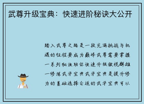 武尊升级宝典：快速进阶秘诀大公开